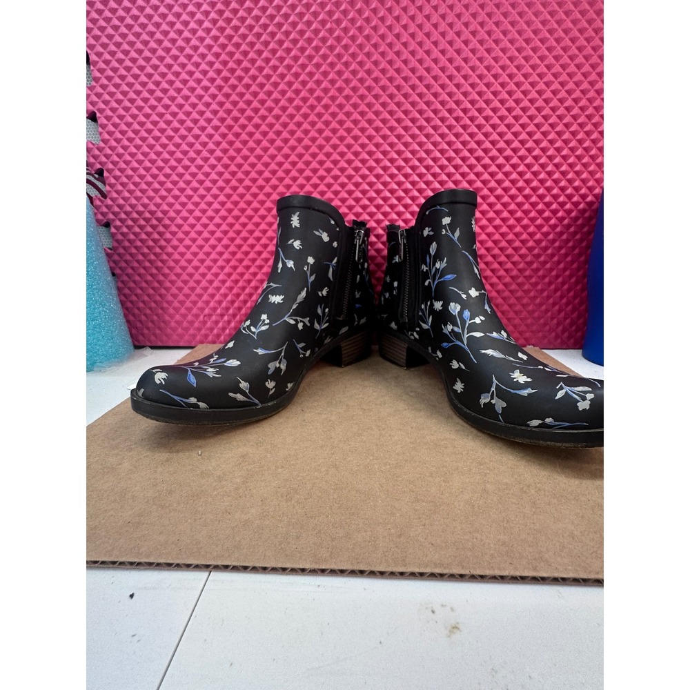 Lucky Brand Basel Rain Boots Black Floral Ankle Booties Waterproof Size 7.5 M